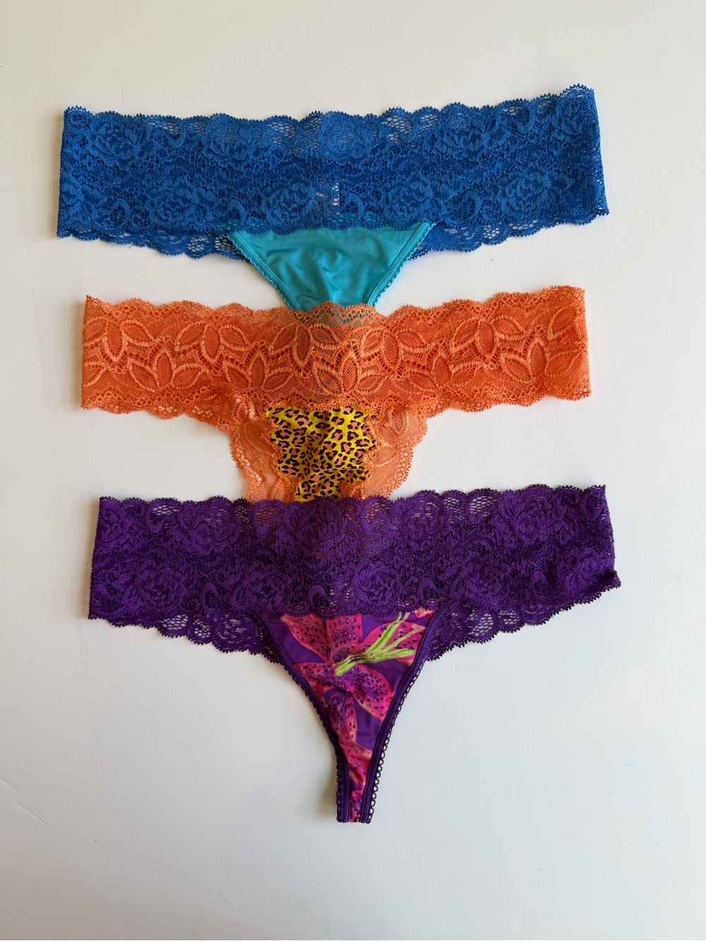 Victoria's Secret Lace-Trim Thong Set - Blue, Orange, Purple